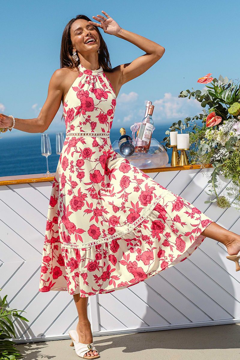 Robe longue fleurie à col haut