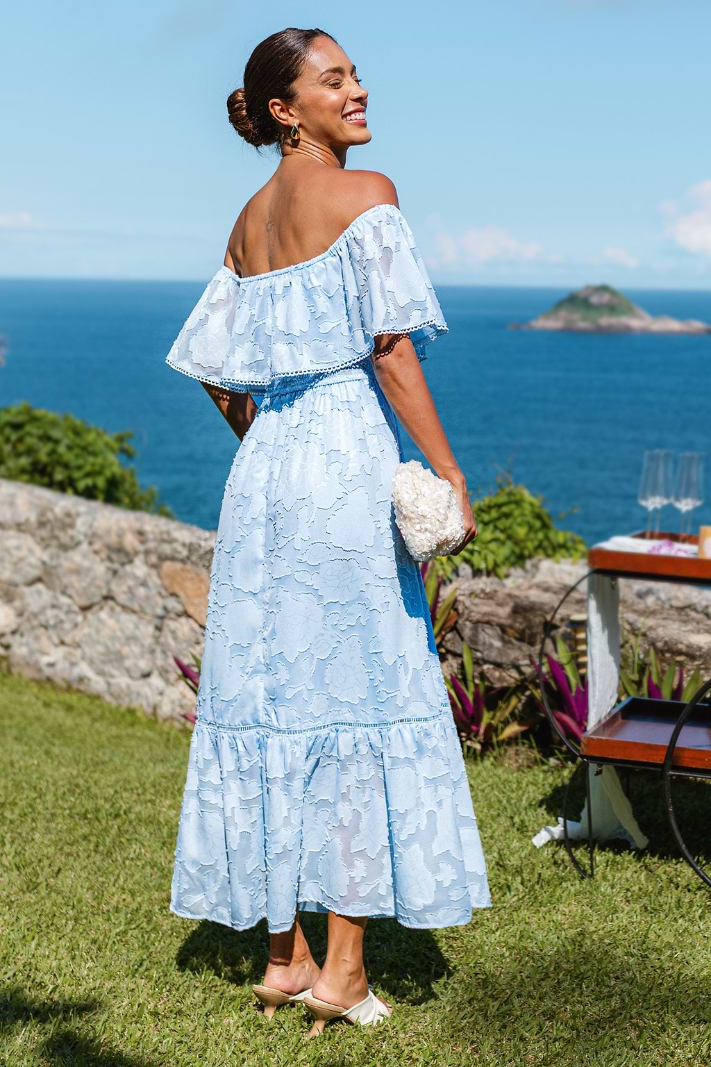 Blaues Off-Shoulder Maxi-Abendkleid