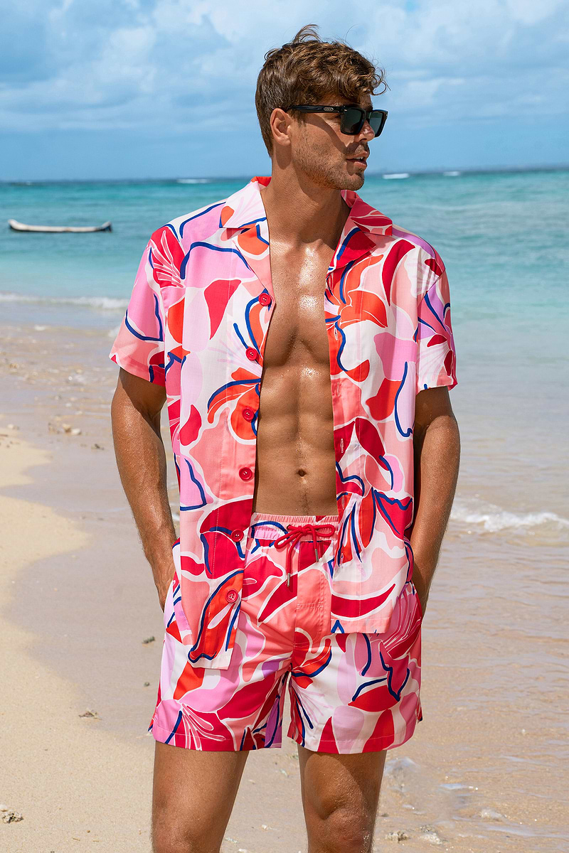 Korallenrotes Kurzarmhemd für Herren