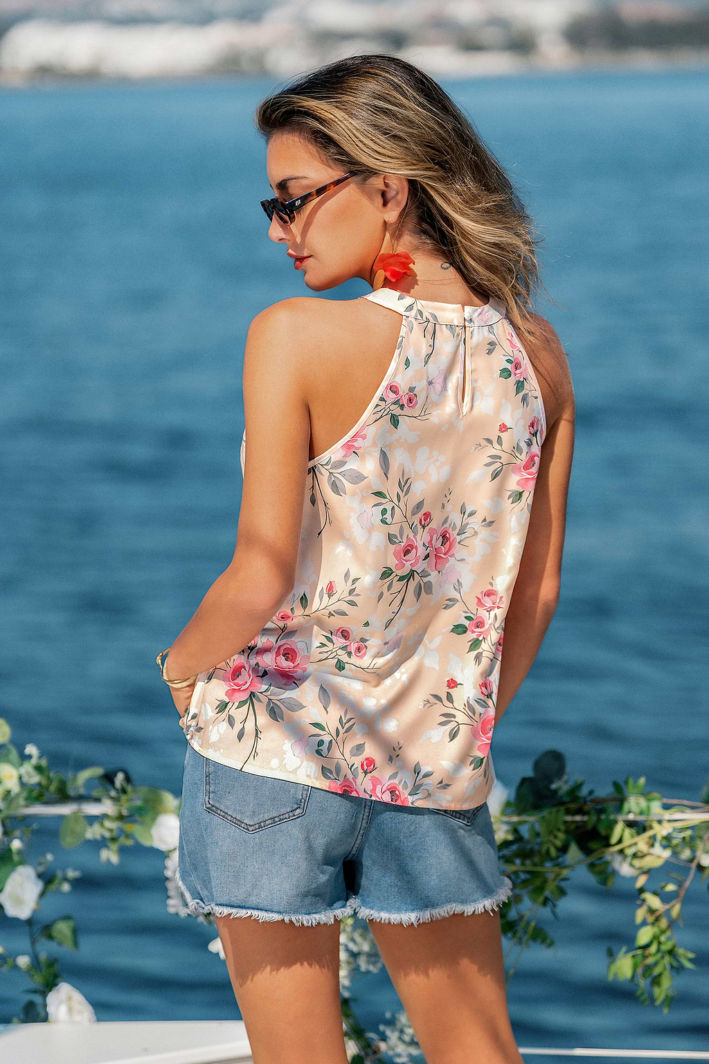 Rosa Geblümtes Ärmelloses Rundhals Top