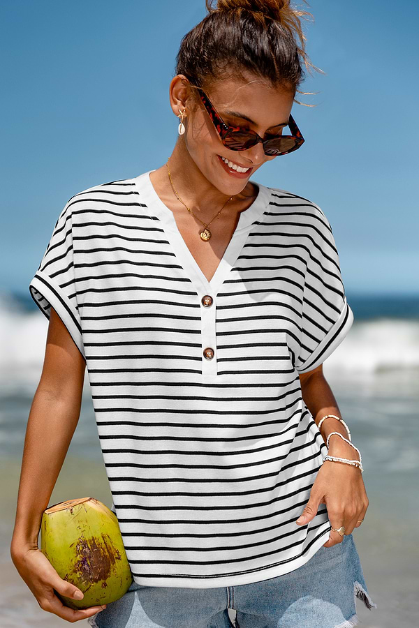 Tunica Estiva Moomaya Donna – Top Lungo Svasato Con Scollo A V – Maniche Al Gomito – Stampa Beige – Leggero In Viscosa