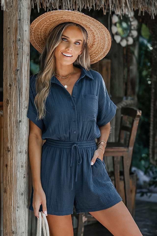 blue romper dress Sarah Ruffle Romper-Blue The Joy Smocked Babydoll Romper is pure sunshine Blue Cotton Collared Wide Leg