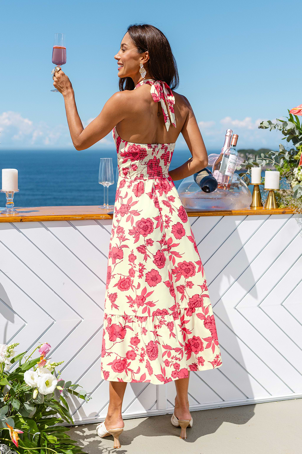 Midi-jurk met bloemenprint in goudkleurige waas