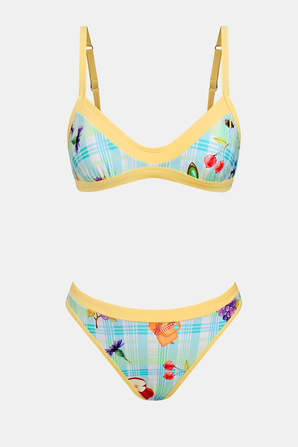 Gelbes Mid-Waist Bikini-Set mit Obst-Print