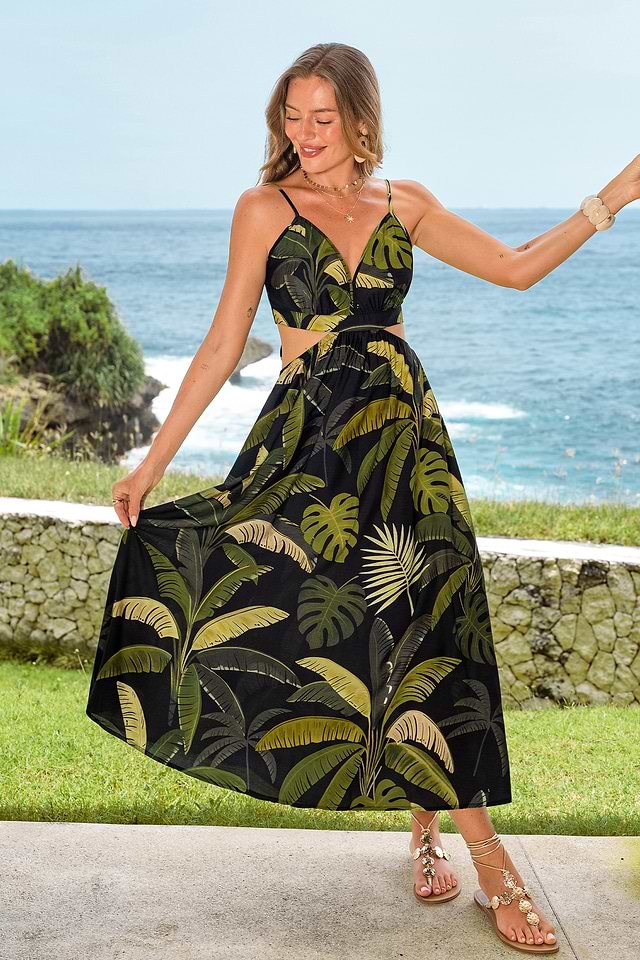 cupshe tropical print crochet maxi dress NWT Cupshe Tropical Print Crochet Waist Maxi Dress Side Zip Size Medium