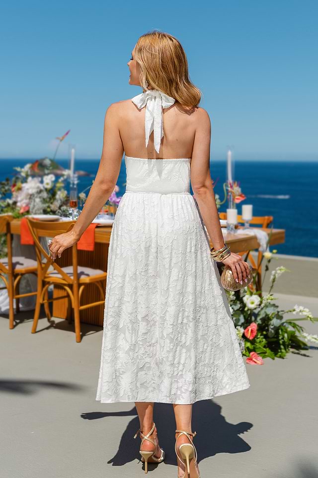 white lace midi dress uk ROSEE de MATIN LACE HIGH-NECK MIDI DRESS IN White