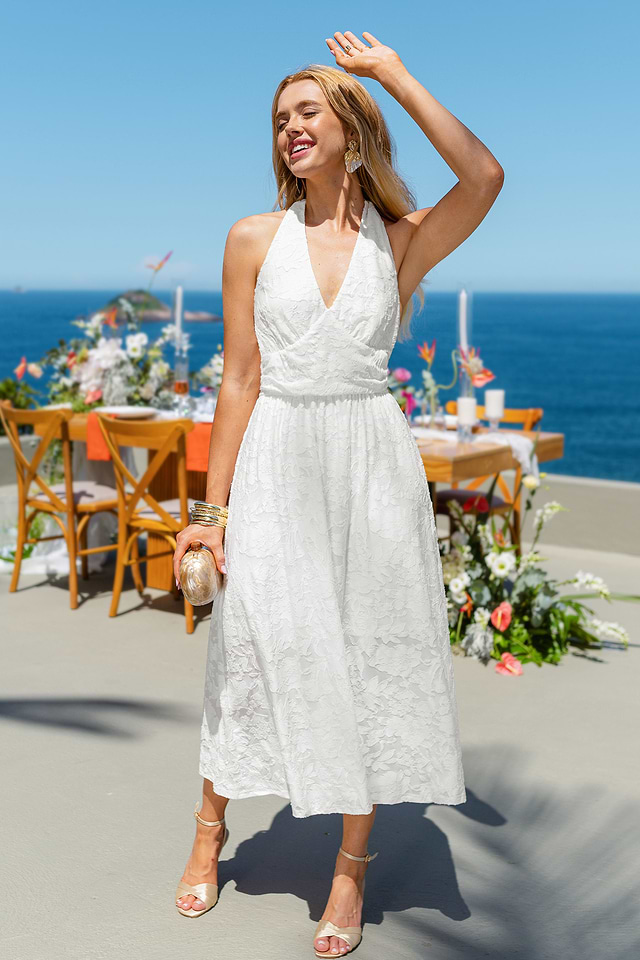 white beach halter dress ZAPAKA Women White Long Beach Dress Sheath Halter Chiffon Bridal Dress, White / US16W