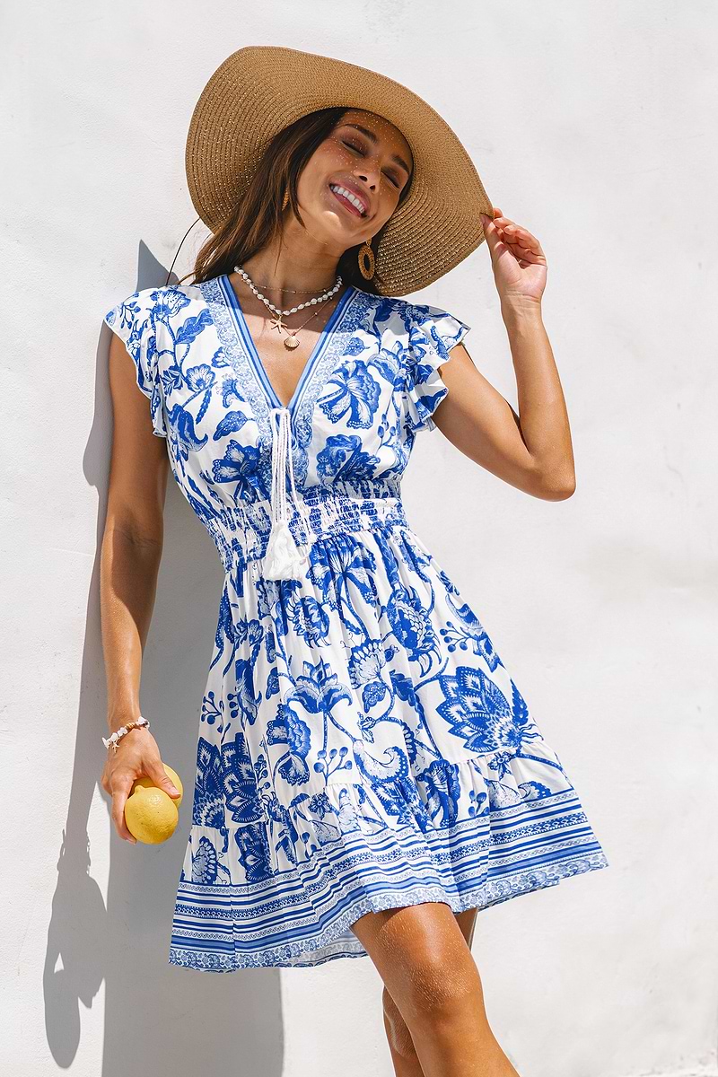 Summer Blossom Ruffle Blue Mini Dress