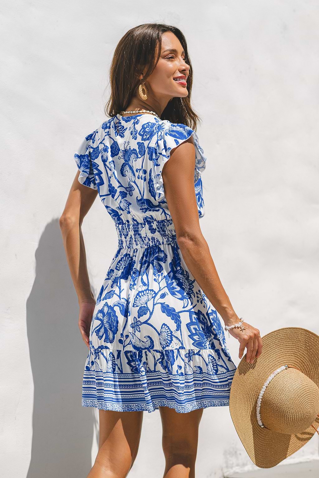 Summer Blossom Ruffle Blue Mini Dress