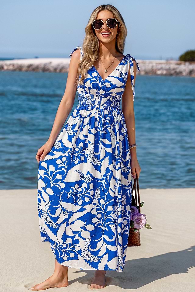 blue beach vacation dress Blue Tropical Surplice Maxi Dress for Beach Vacation