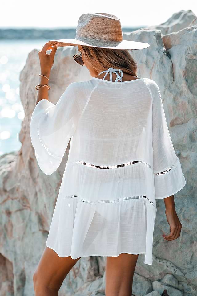 Sleeve Sheer Shirt Dress Beach Cover Up Barrett Long Sleeve Cover-Up Beach  Dress In White