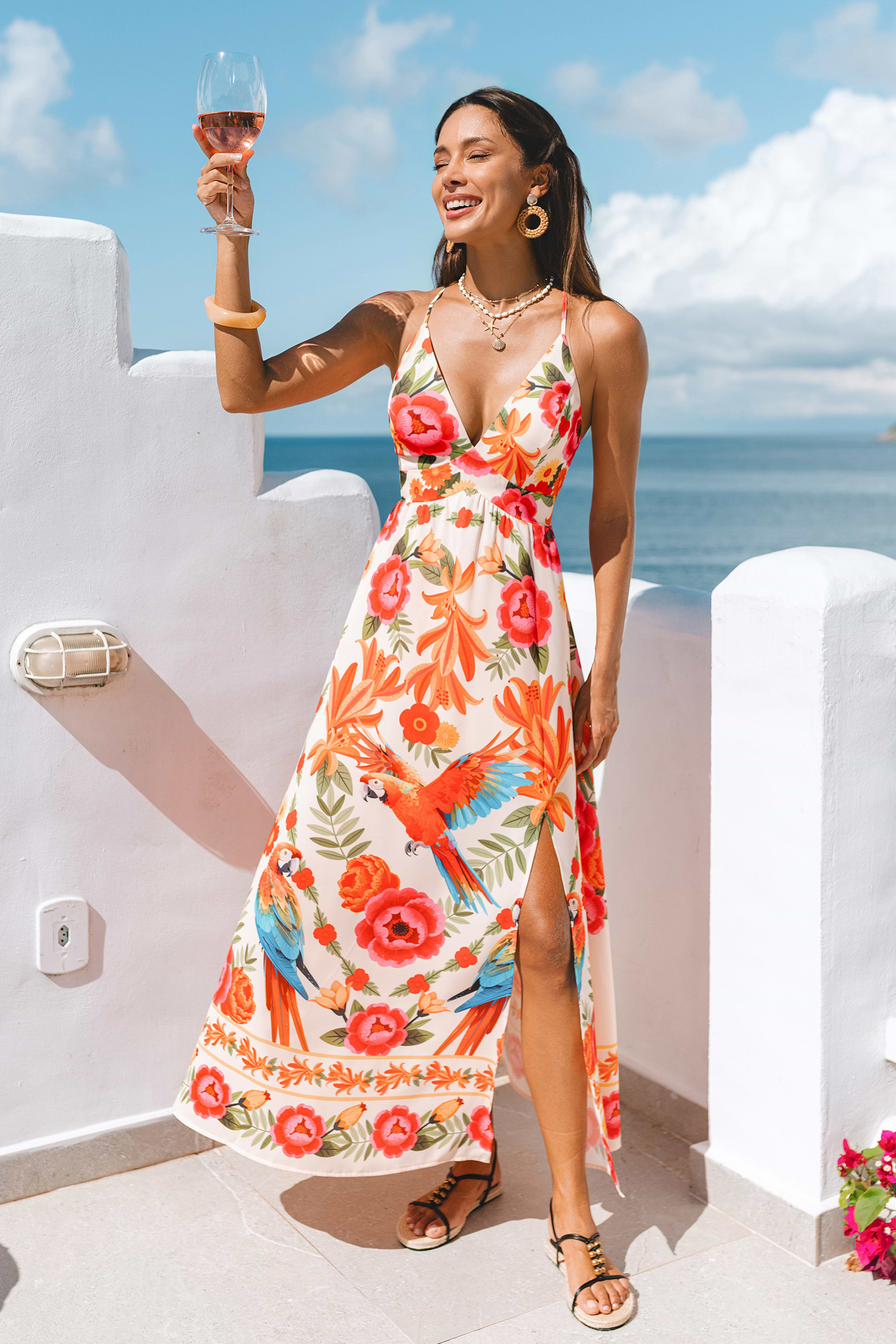 Tropical Floral Plunge Maxi Dress for Resort Vacation