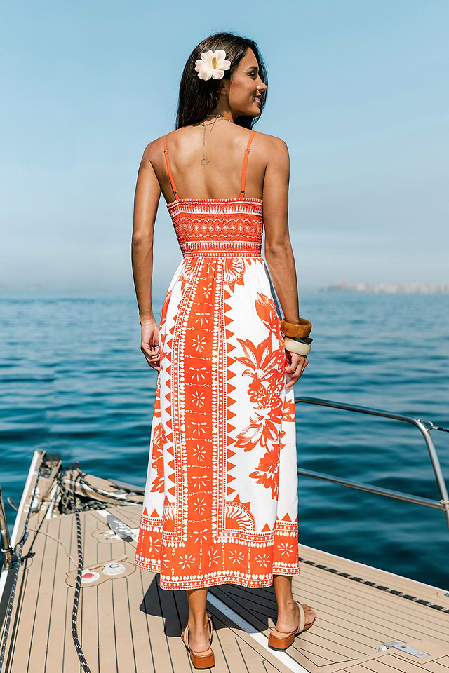 orange color maxi dress Tranquil Horizon Floral In Curves 3XL / Orange Maxi Linen Dress featuring thick drape detail that wraps the waist with deep V neckline Eleonora Maxi Dress Orange in