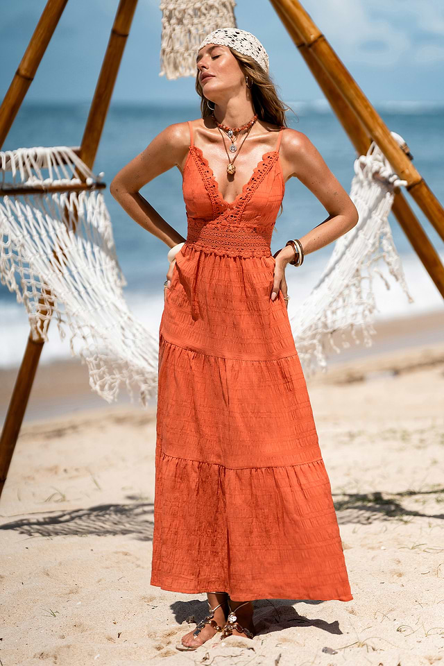 Orange Plunging Tiered Maxi Dress for Beach Vacation