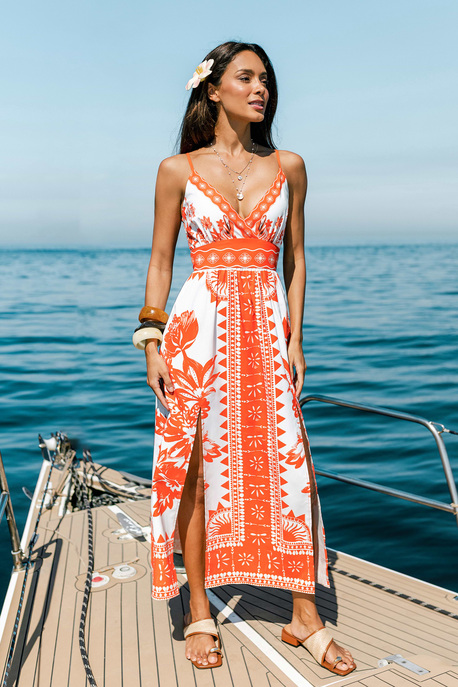 Orange Floral Surplice Maxi Dress with Side Slit for Vacation