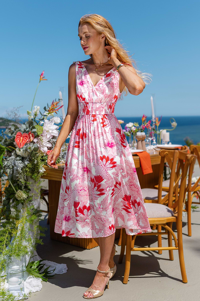 Rosa Paisley Ärmelloses Midi-Cocktailkleid in Wickeloptik