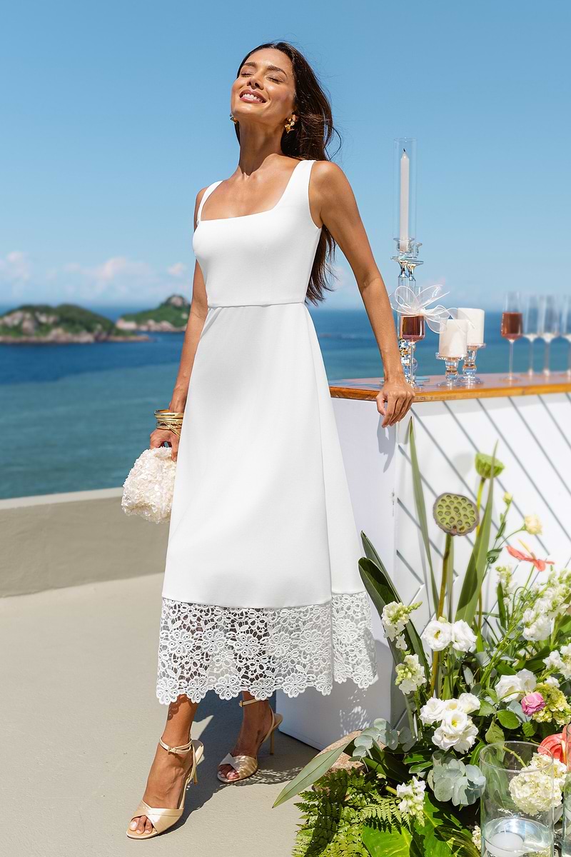 Weißes Ärmelloses Midi-Abendkleid mit Spitzensaum