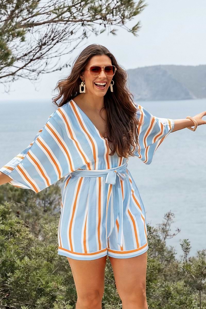 Farbblock V-Ausschnitt Romper mit Taillenband