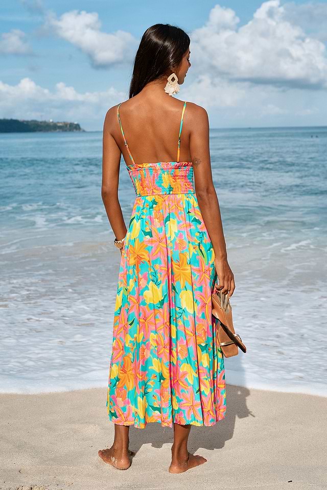colorful beach dresses Tropical Floral Plunge Maxi Dress for Vacation short beach dress