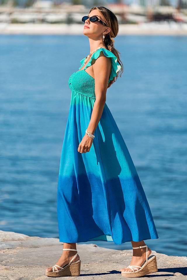 blue ombre high low dress Blue Charmeuse Tie Halter Neck Ombre Gown