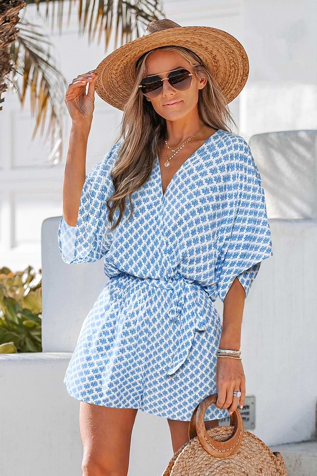 romper dress blue Atoll Blue Strapless Romper Dress – Flowy Ruffle Overlay Vacation Outfit | Mustard Seed main image 1