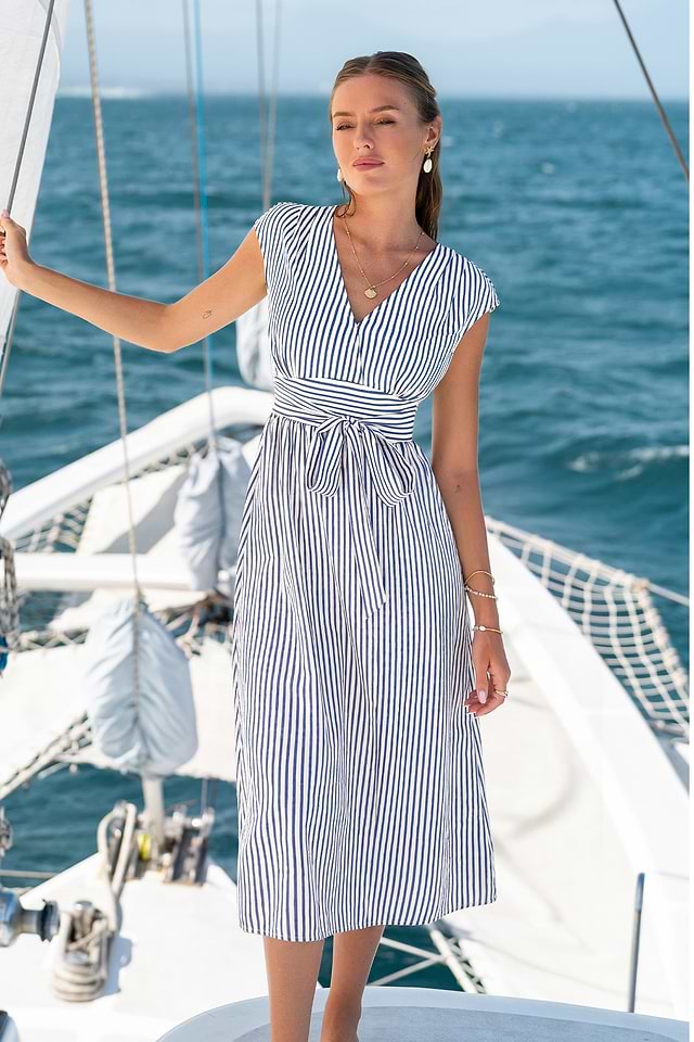 Cupshe Women's Striped Wrap Waist-Defining Midi Shirt Dress-XL-Blue