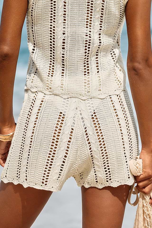 Cupshe Women's Crochet Drawstring Knit Shorts-L-Beige