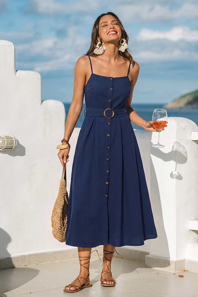 handcrafted navy midi dress Elegant Spaghetti Strap Midi Dress Slim A Line Party Dresses Navy Blue Casual Birthday Holiday Dress Women's clothing