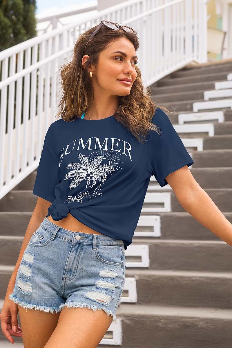 Blaues Kurzarm Rundhals T-Shirt mit Grafik-Print