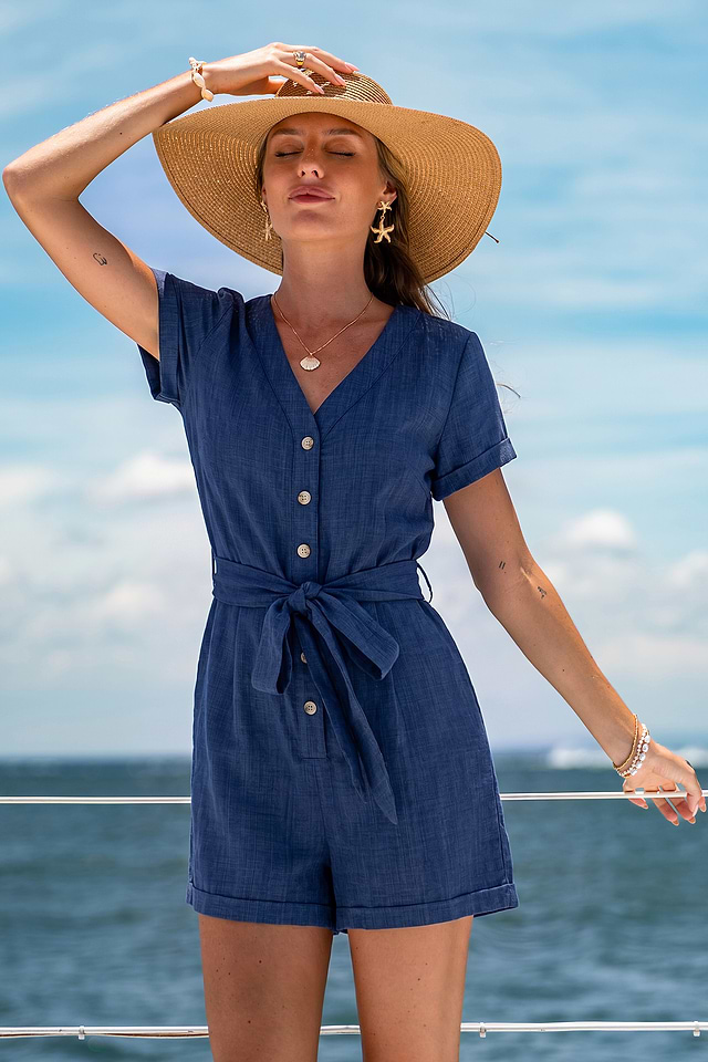 blue romper dress Abigail Floral Romper American Threads Trendy Women's Boutique Blue Floral / L