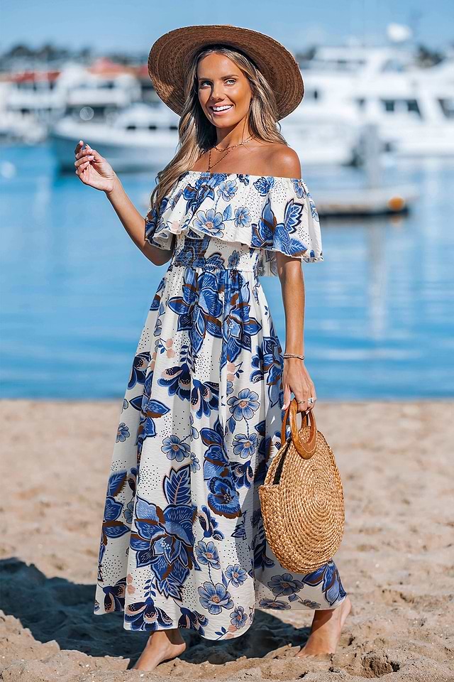 off shoulder maxi floral dress Romantic Off-Shoulder 5% Elastane Zapakasa Women White Blue Floral