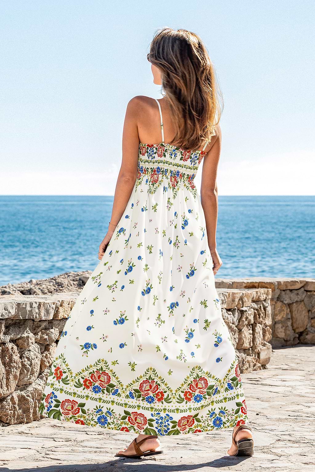 Robe longue florale multicolore col carré buste smocké