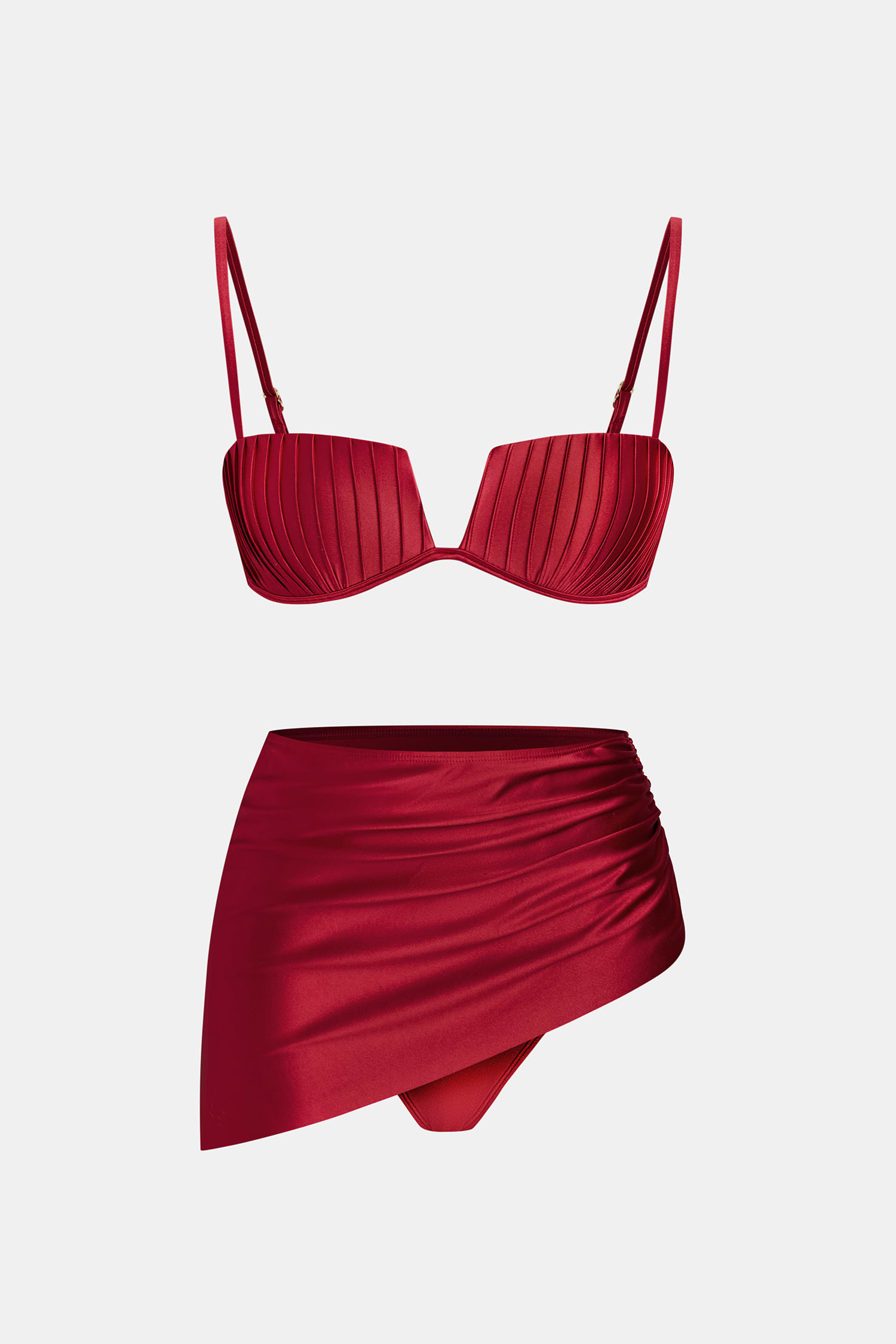 Red Molded Cup Bikini Set with Sarong and Cheeky Bottoms