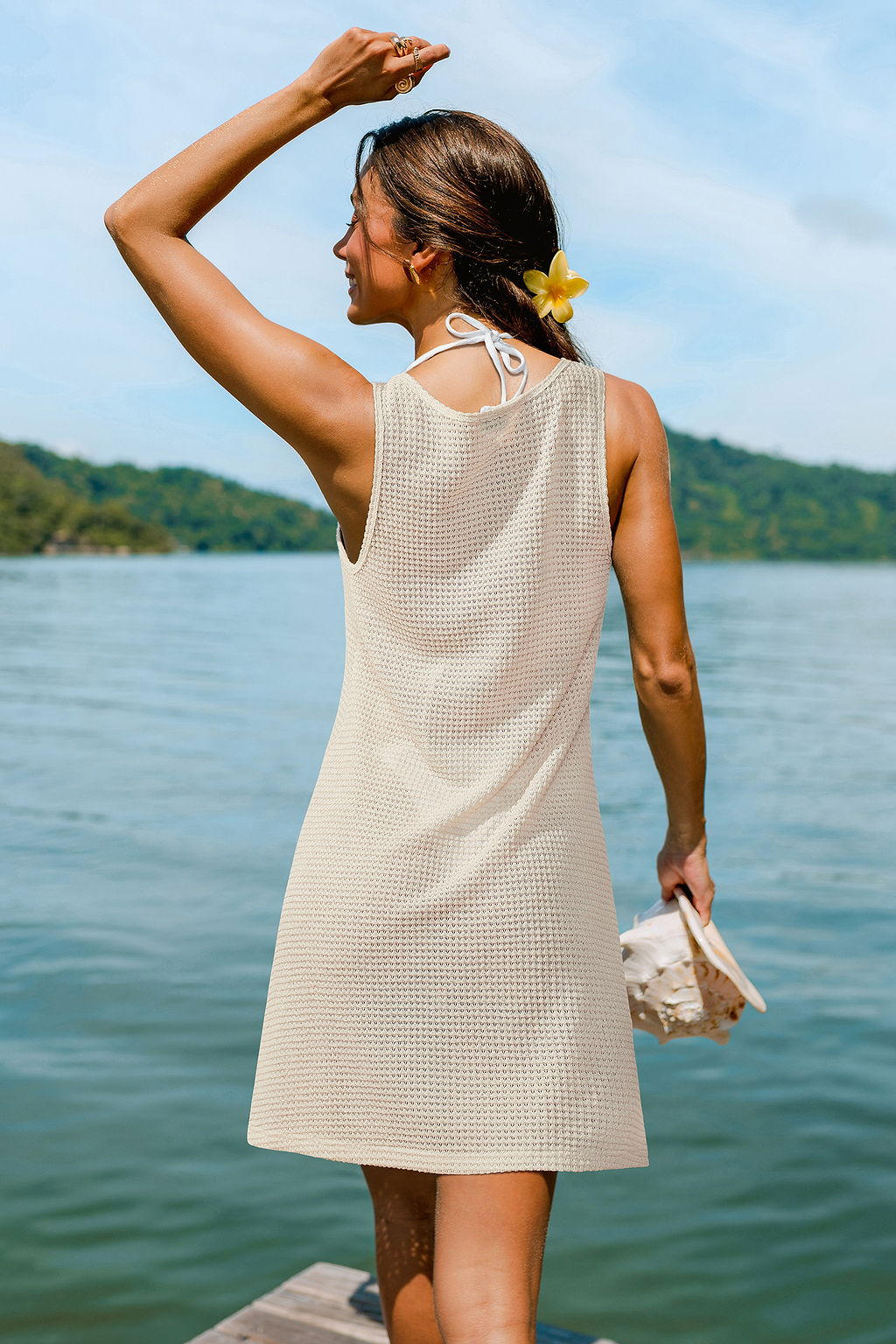 Beiges U-Ausschnitt Mini-Strandkleid mit Tasche