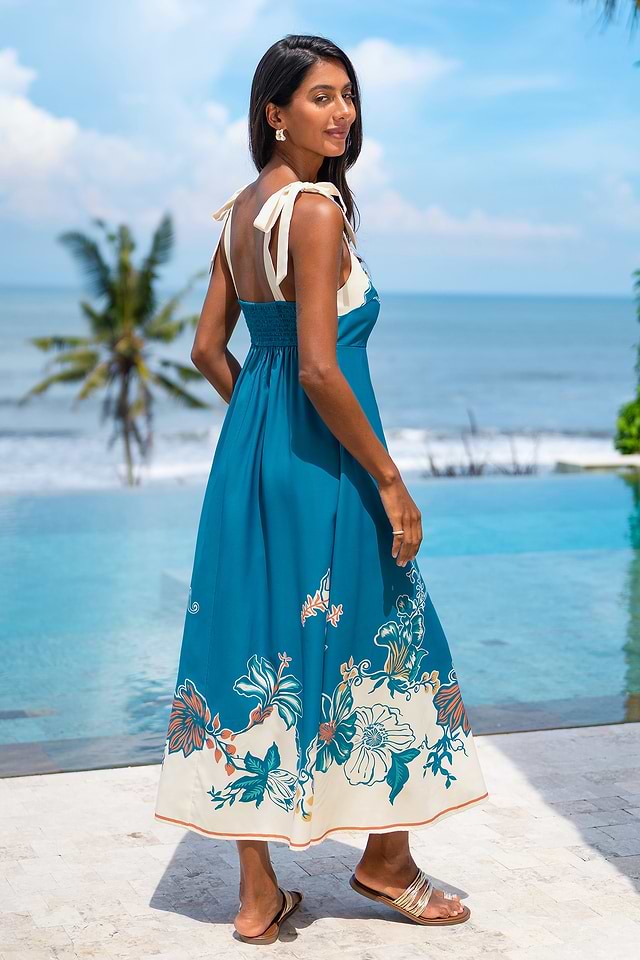 blue tropical maxi dress Blue Green Tropical Strapless Maxi Dress