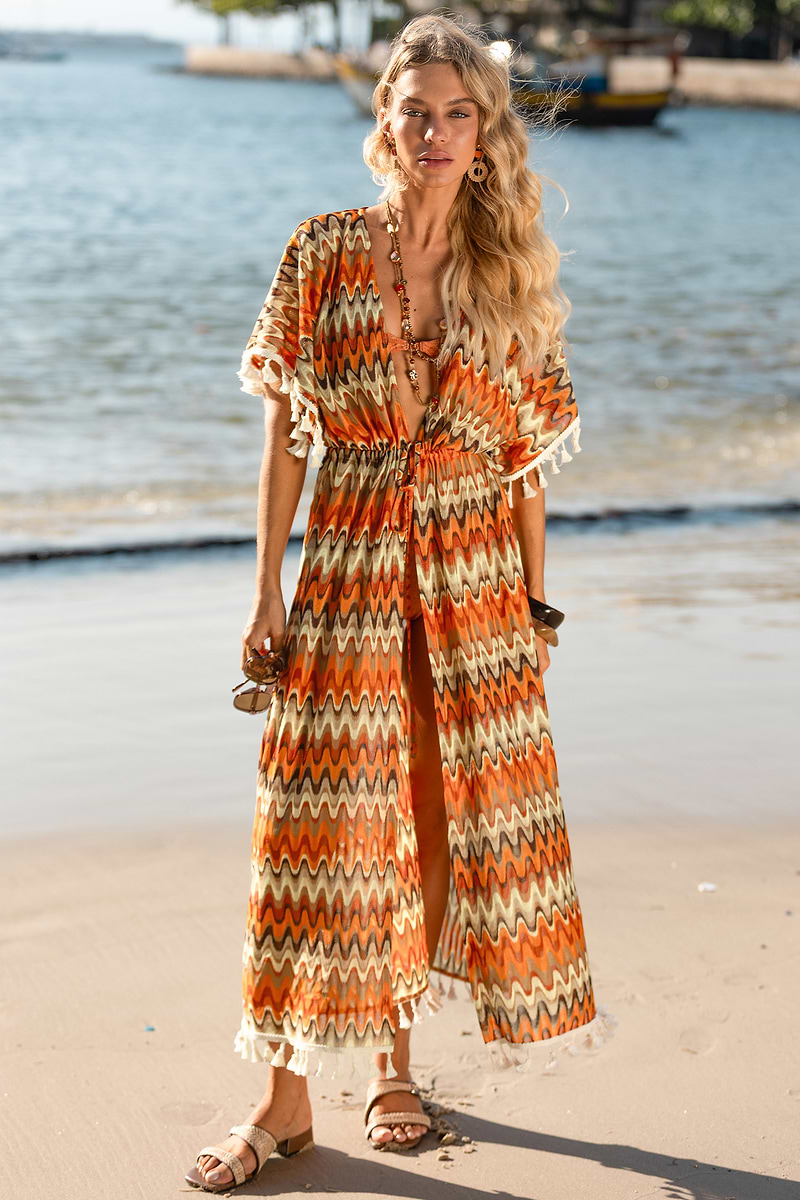 Orange Abstrakter Strand-Kimono mit Bindeband