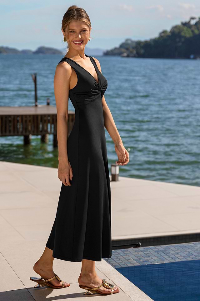 black midi dress evening Italian Summer Tie Neck Midi Dress Black