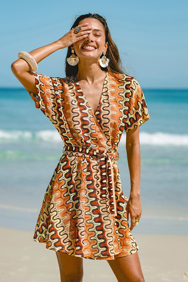 Abstract Surplice Mini Cover-Up Dress with Waist Tie