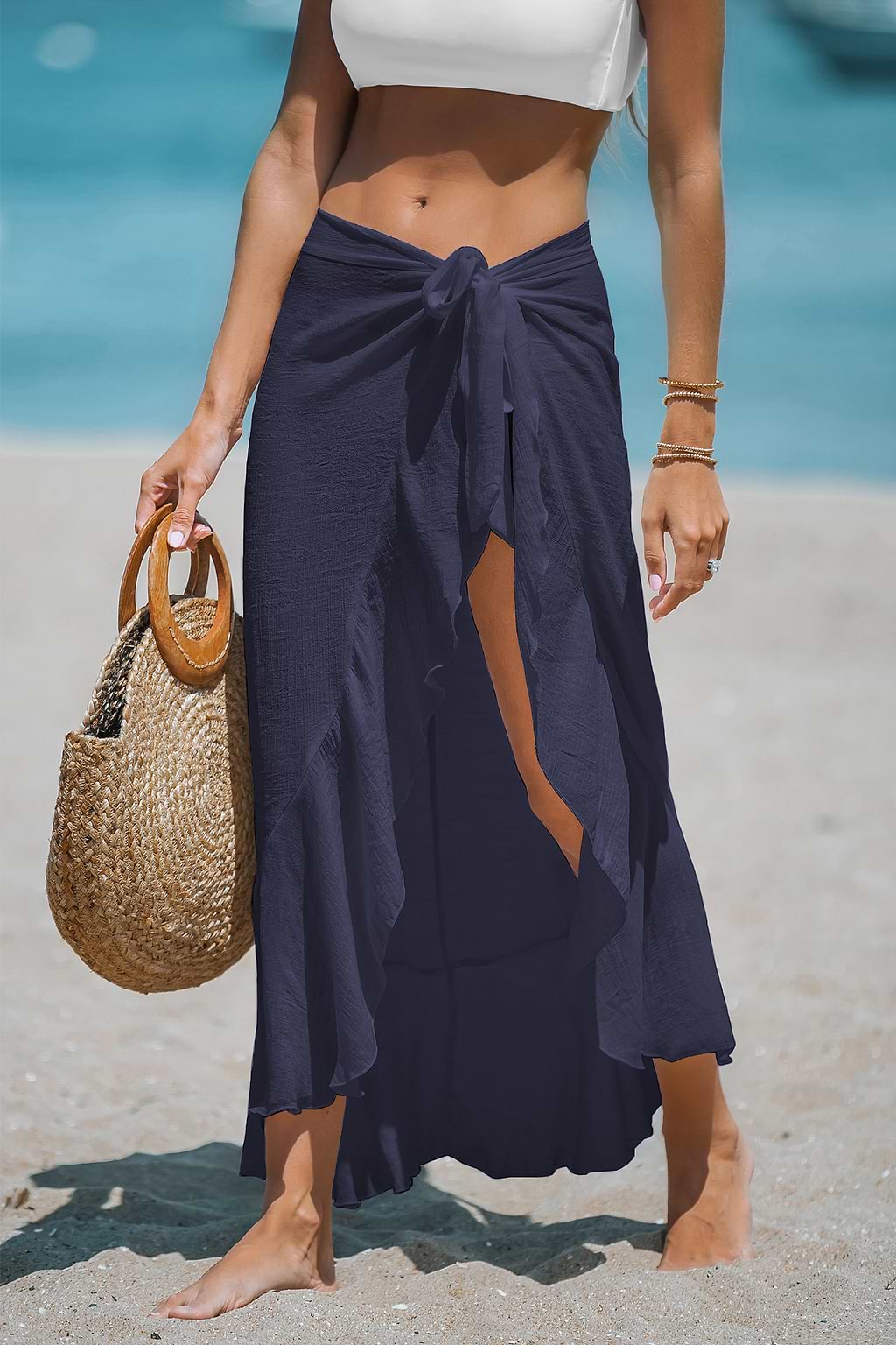 Sheer Navy Ruffled Midi Sarong