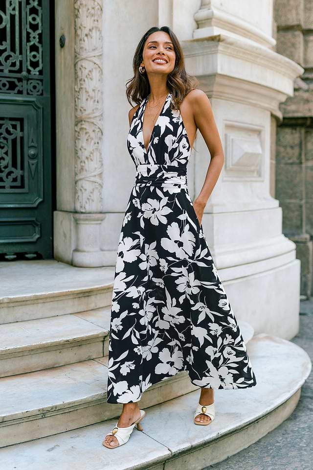 tropical formal dress Black Tropical Wrap Dress