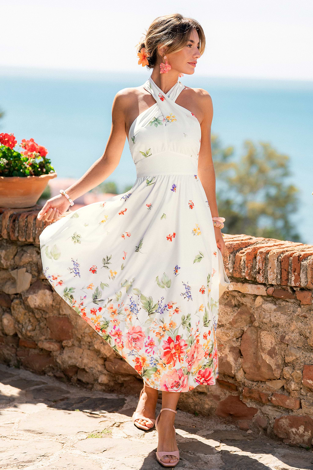 Robe midi fleurie col montant