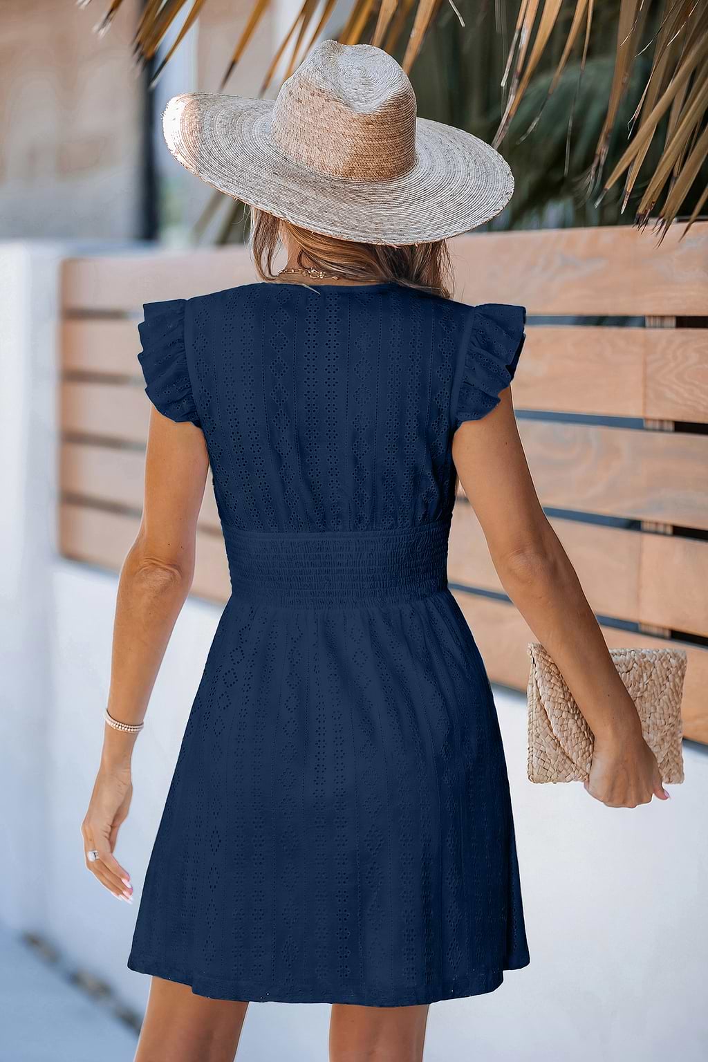 Marineblaues Kurzarm V-Ausschnitt Jacquard Mini-Strandkleid