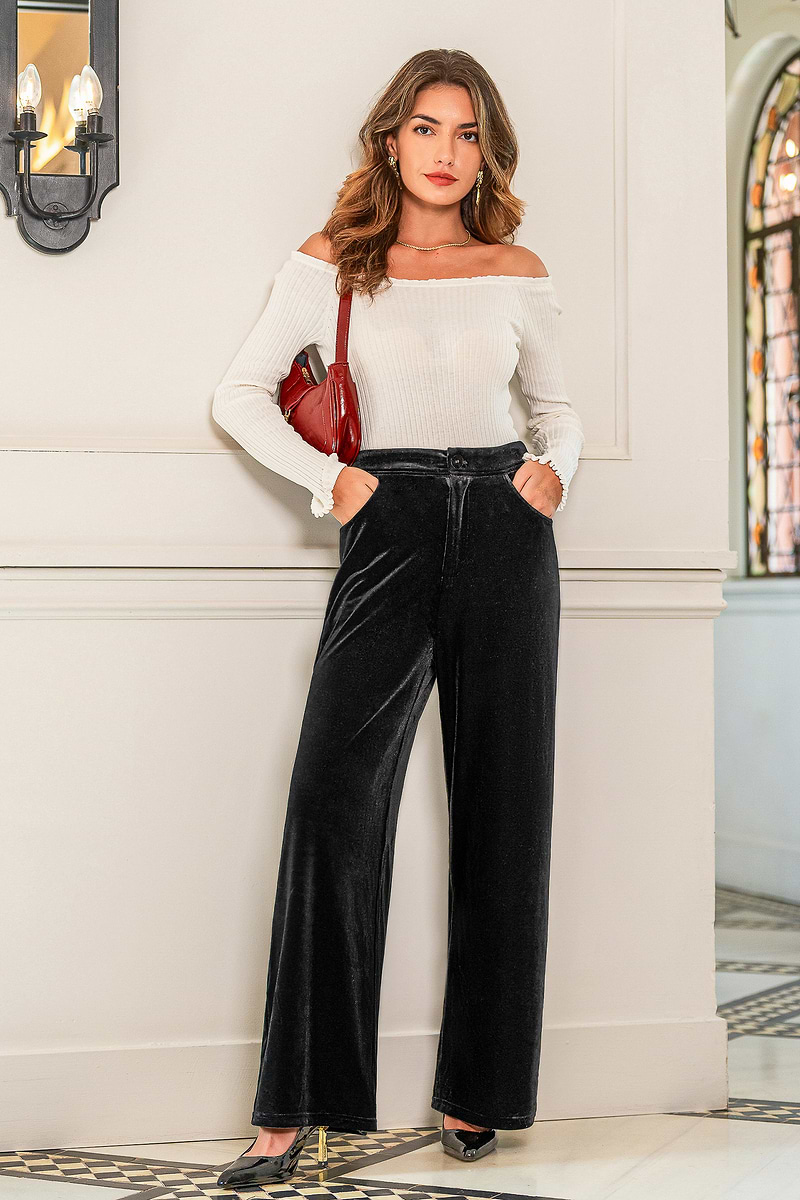 Mitternacht Schwarze Samt-Hose mit weitem Bein