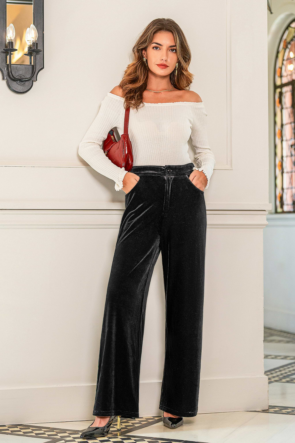 Mitternacht Schwarze Samt-Hose mit weitem Bein