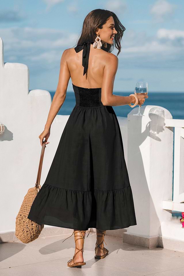 black midi beach dress Halter with Ruffle Hem for Vacation Size:32/32 this exclusive dress combines Color Name:LIGHT BLUE-GOLD Plus Size Long A-line