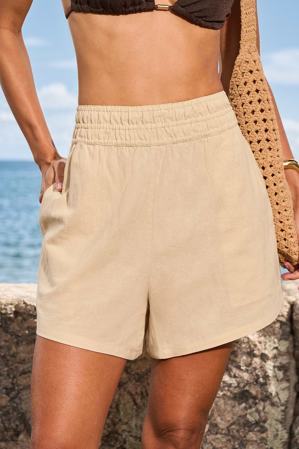 Khaki Wide-Leg-Shorts mit elastischem Bund aus Baumwolle