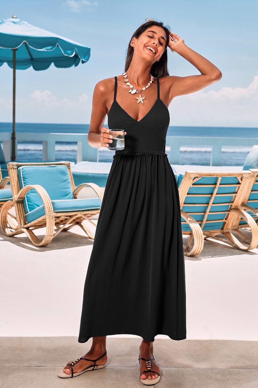 Vestido largo negro con estampado de ambiente soleado