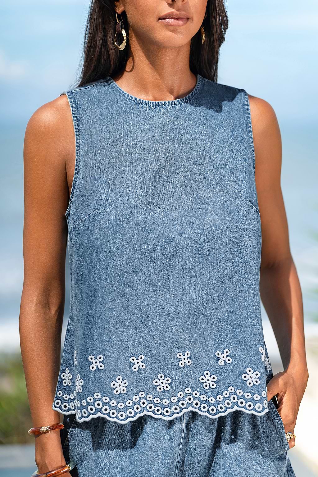 Blaues Ärmelloses Denim-Top mit Rundhalsausschnitt