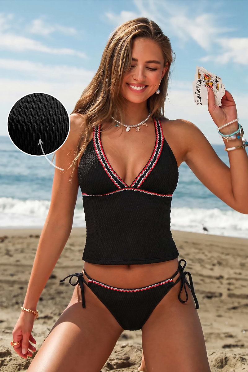 Schwarzes Tiefer Ausschnitt Tankini-Set mit Kreuzträgern