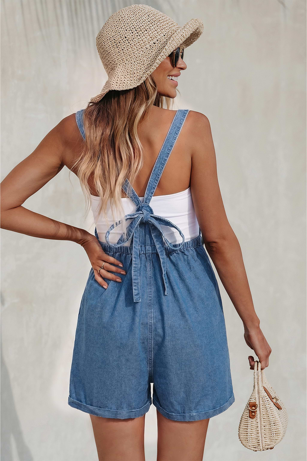 Blauer Eckiger Ausschnitt Denim-Romper